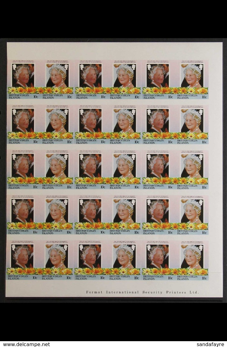 1985 IMPERF NHM MULTIPLES Life & Times Of The Queen Mother Set, SG 579A/86A, In Imperforate Se-tenant Pair Blocks Of 30  - British Virgin Islands