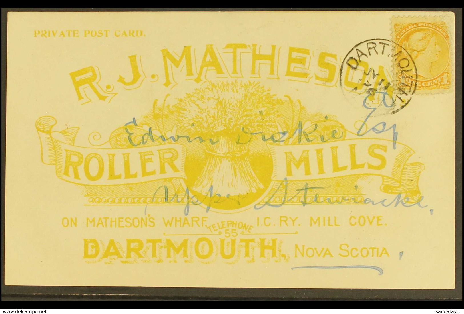 1896 Beautifully Illustrated Private Advertising Card, RJMatheson, Roller Mills, In Yellow, Franked 1c Yellow From Dartm - Autres & Non Classés