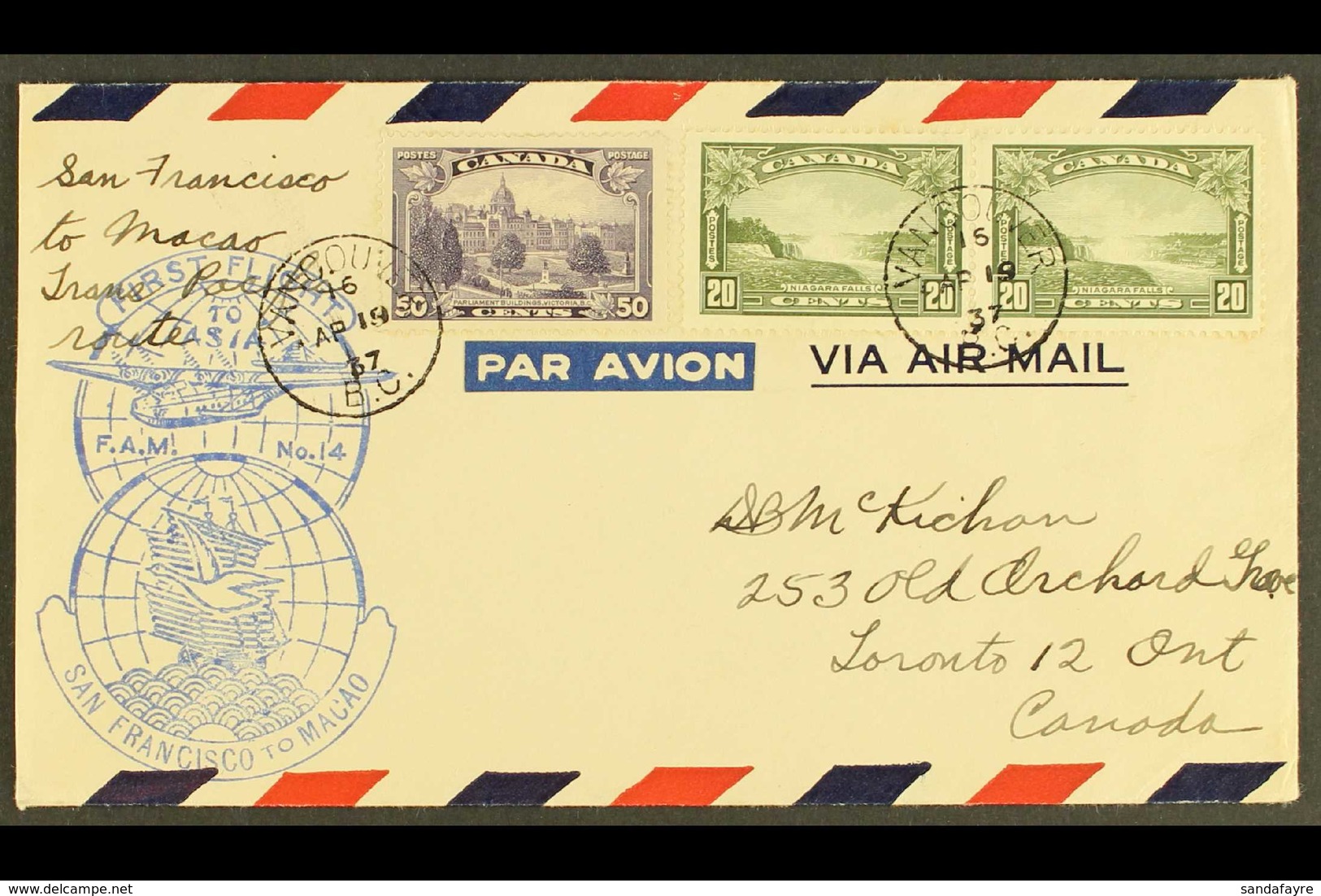 1937 Air Mail Cover Franked 1935 20c Olive (2) And 50c Violet, Carried On The First Flight San Francisco To Macau (Fam 1 - Sonstige & Ohne Zuordnung