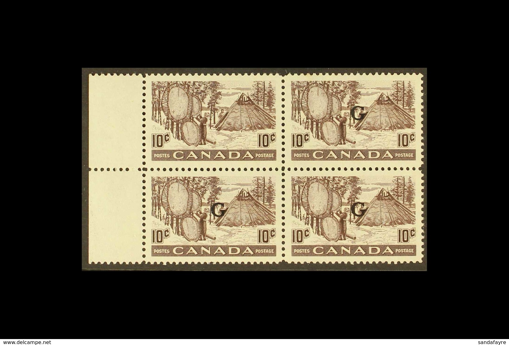 OFFICIALS 1950 - 1 10c Brown Purple Drying Furs, Marginal Block Of 4 Overprinted "G", Variety "overprint Omitted In Pair - Other & Unclassified