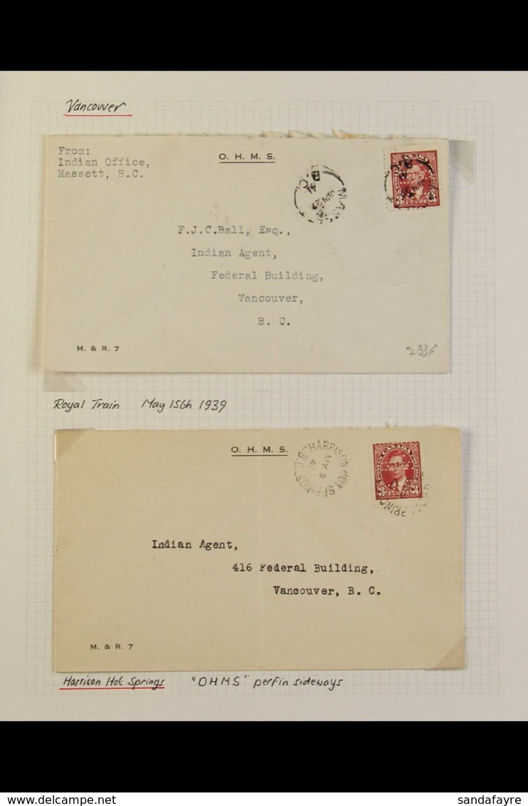 OFFICIALS Group Of 15 Geo VI And QEII Perfin Or "G" Franked Official Mail Including 1939 13c Pictorial "OHMS" Perfin On  - Autres & Non Classés