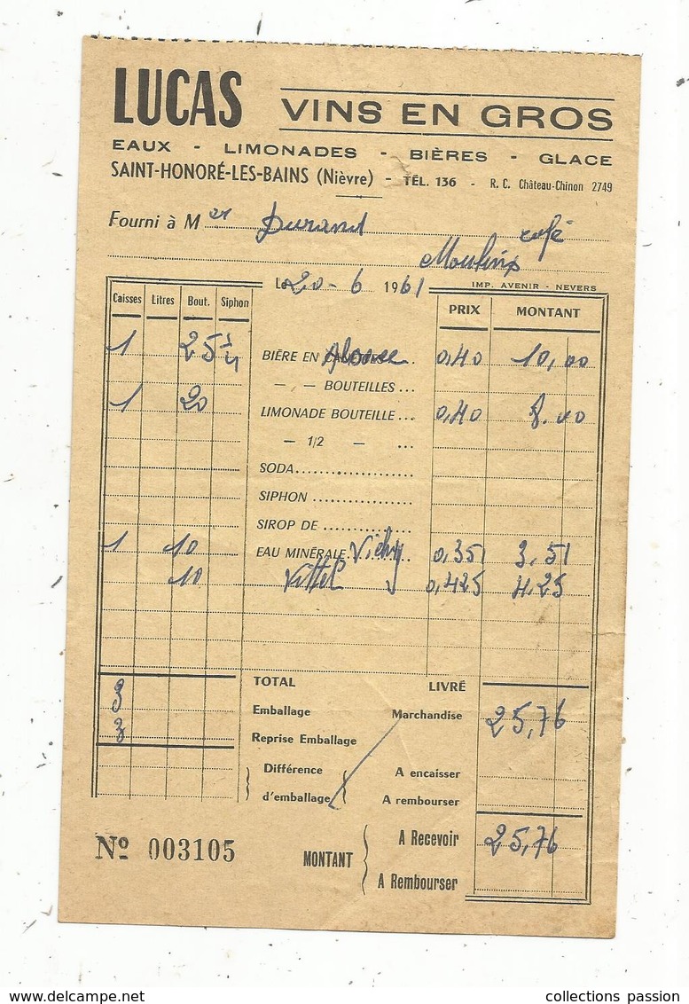 Facture , Eaux ,limonades , Biéres ,glace , Vin En Gros : LUCAS , Saint Honoré Les Bains, Nièvre, Frais Fr 1.45e - 1950 - ...