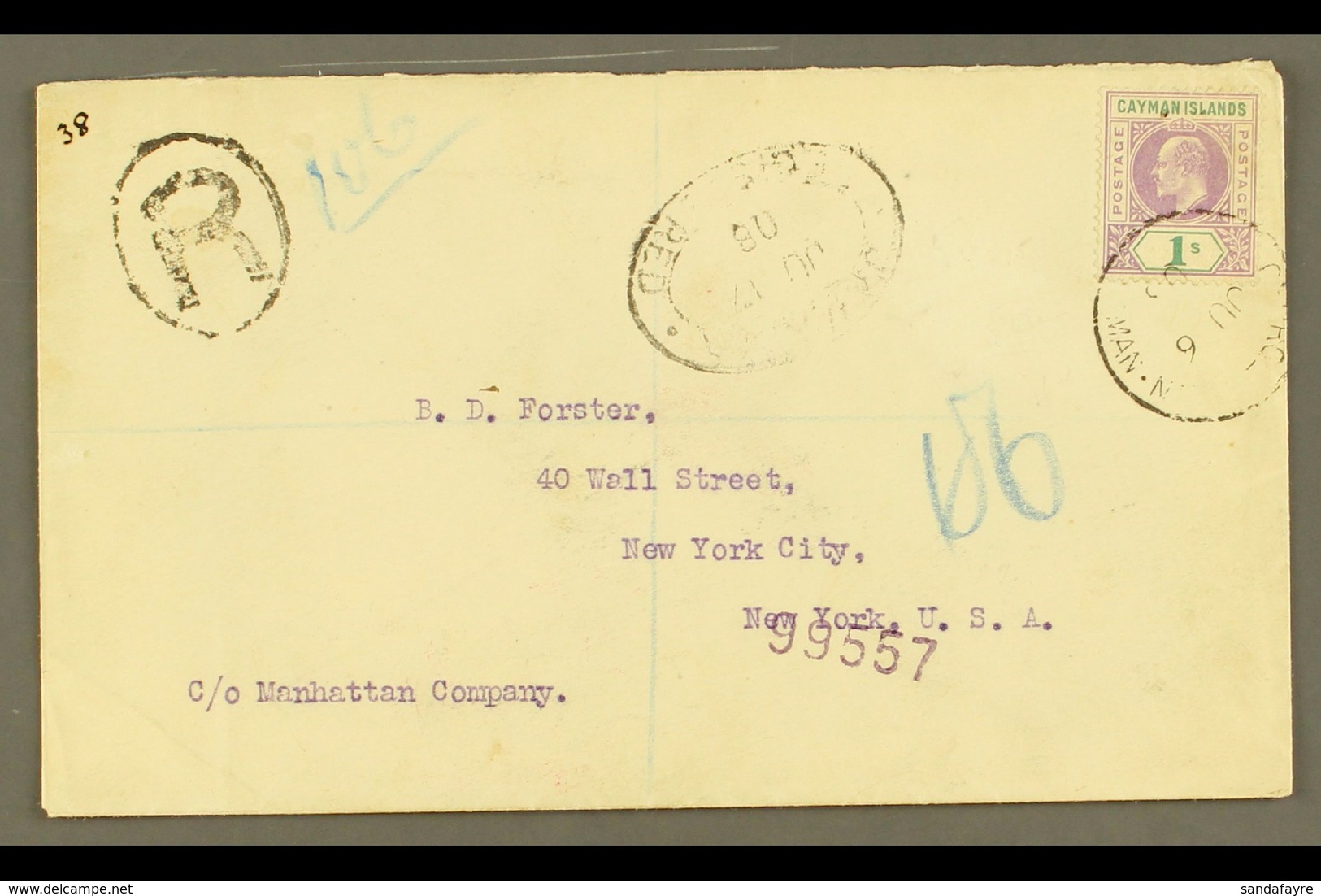 1908 (6 June) Registered Cover To USA, Bearing 1907 1s Stamp (SG 15) Tied By "George Town" Cds, With Registration "R" Ca - Iles Caïmans