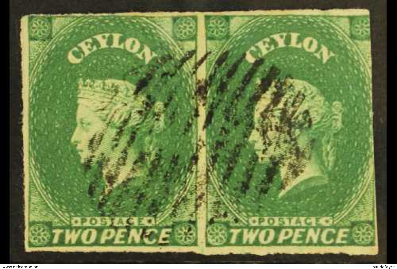1857 2d Blue Green, SG 3, Used Pair With Margins To 3 Sides. Attractive Item. For More Images, Please Visit Http://www.s - Ceylon (...-1947)