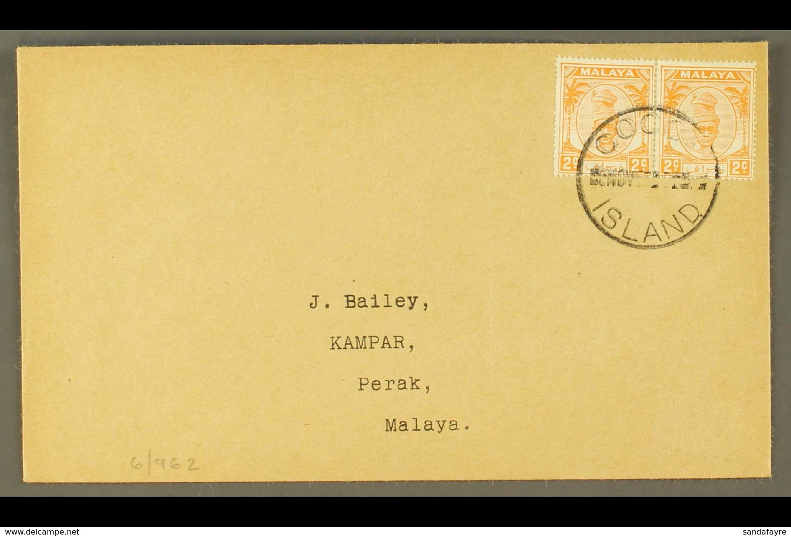 1950 (Nov) neat Envelope To Perak Bearing Perak 2c Orange (SG 129) Pair Tied By COCOS ISLAND Cds. For More Images, Pleas - Cocos (Keeling) Islands