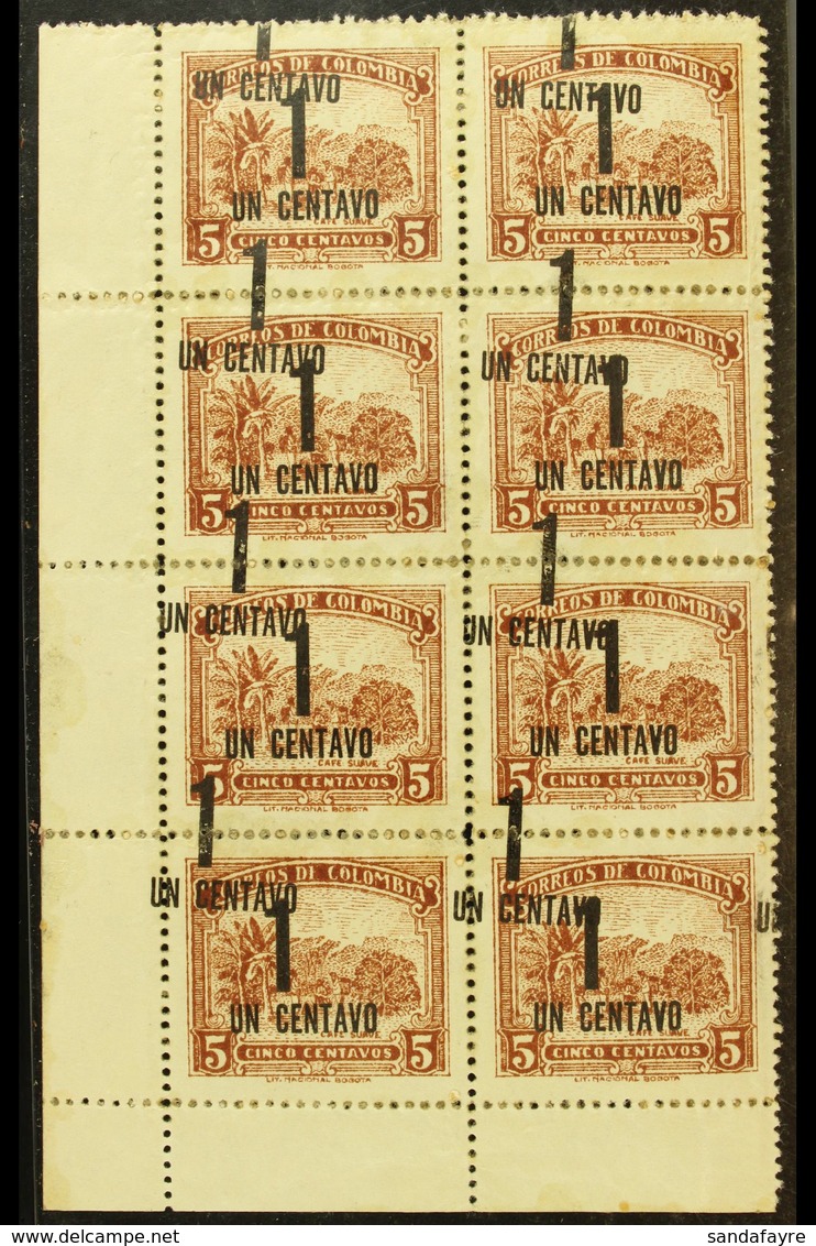 1944 1c On 5c Dull Brown DOUBLE SURCHARGE Variety (as Scott 506, SG 594), Fine Mint Corner BLOCK Of 8, Attractive. (8 St - Colombie
