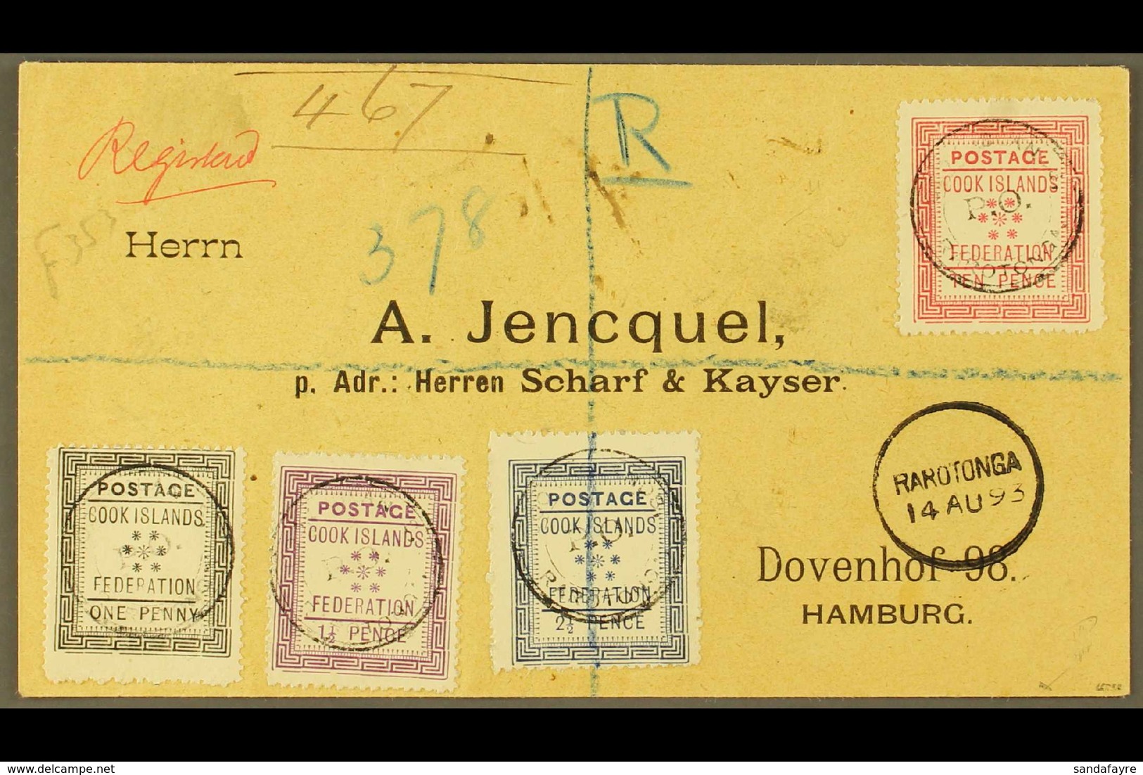 1893 (14th August) Rare Envelope Registered To Germany, Bearing The 1892 Set Of Four, SG 1/4, Tied By Black Cook Islands - Cookinseln