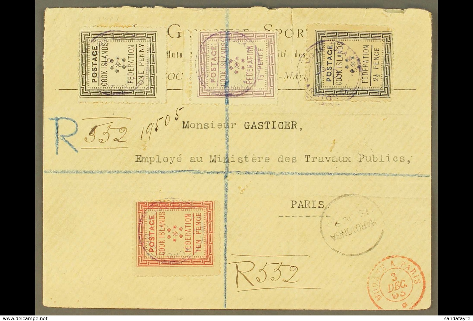 1893 (15th October) Rare Envelope Registered To Paris, Bearing 1892 Set Of Four Tied By Violet Cook Islands P O Rarotong - Cookinseln