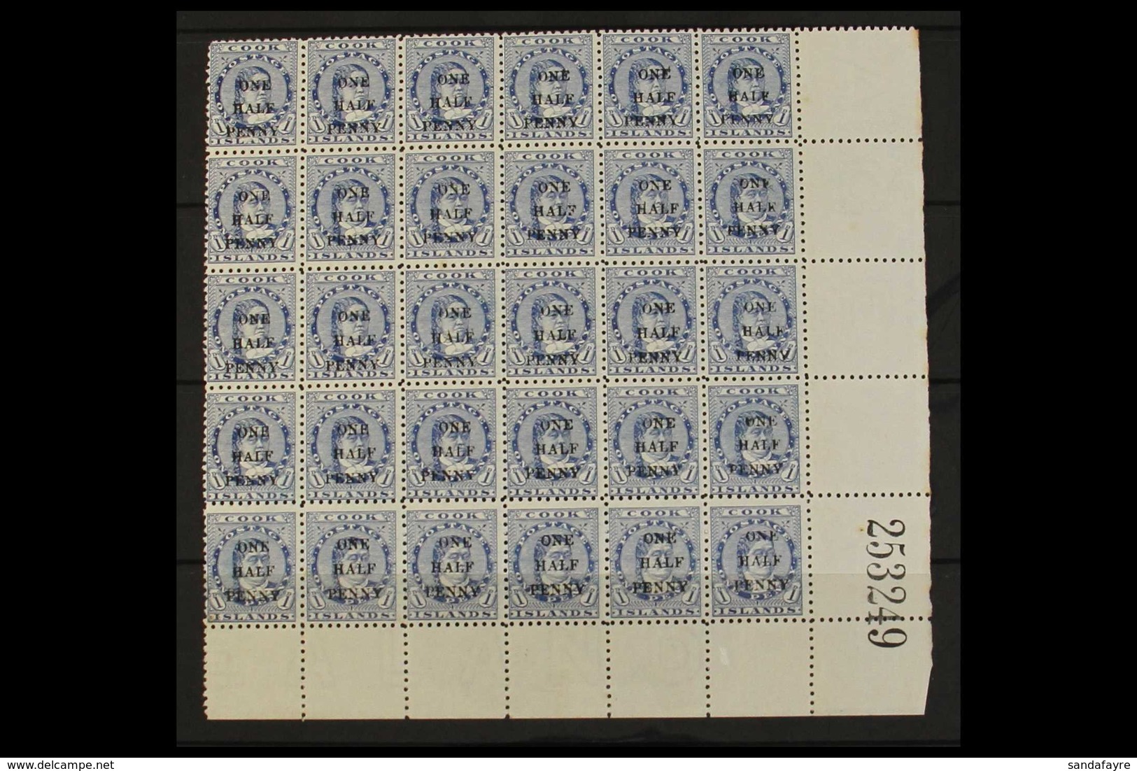 1899 ½d On 1d Blue Queen, SG 21, Lower Right Corner Block Of Thirty (6 X 5), Showing Sheet Number "253249", Never Hinged - Cookinseln