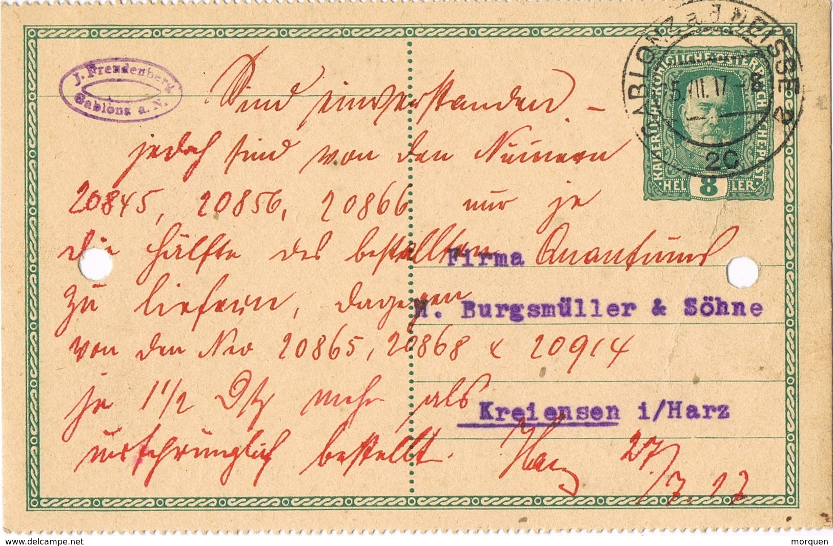 29490. Tarjeta Entero Postal GABLONZ A NEISSE  (Imperio Astrohungaro) 1917 - Briefe U. Dokumente