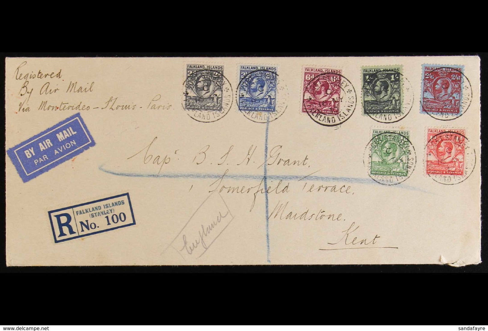 1930 EARLY AIRMAIL COVER TO ENGLAND 1930 (16 May) Registered Cover From Port Stanley To Maidstone Bearing 1929 "Whale An - Falklandinseln