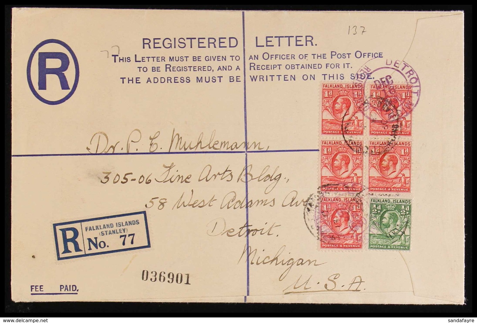 1930 SCARCE FORMULAR REGISTERED ENVELOPE 1930 (13 Nov) Formular Registered Envelope (type D2) From Falkland Islands To M - Falklandinseln