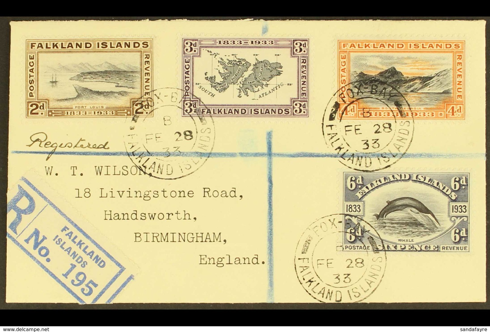 1933 (28 Feb) Registered "Wilson" Cover To England Bearing 1933 Centenary 2d, 3d, 4d, And 6d, SG 130/133, These Tied By  - Falklandinseln