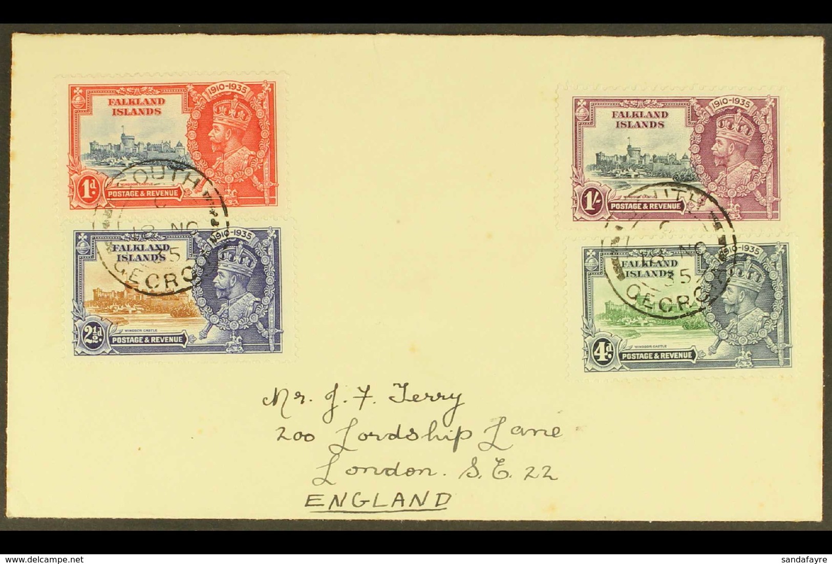 SOUTH GEORGIA 1935 Falkland Islands Silver Jubilee Complete Set On Cover To England Tied By "SOUTH GEORGIA" Cds Cancels  - Falklandinseln