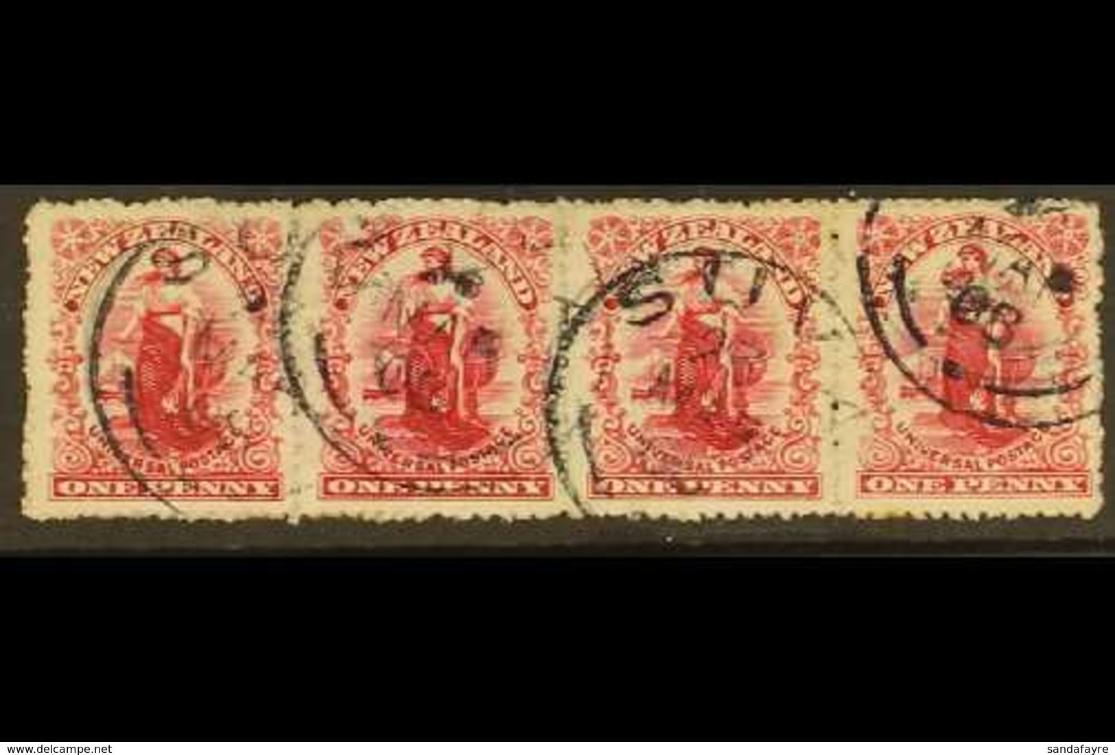 NEW ZEALAND USED IN. NZ 1901 1d Carmine "Universal" STRIP OF FOUR Each Cancelled By SUVA 23 Mar 1908 Cds. Most Unusual ( - Fidji (...-1970)