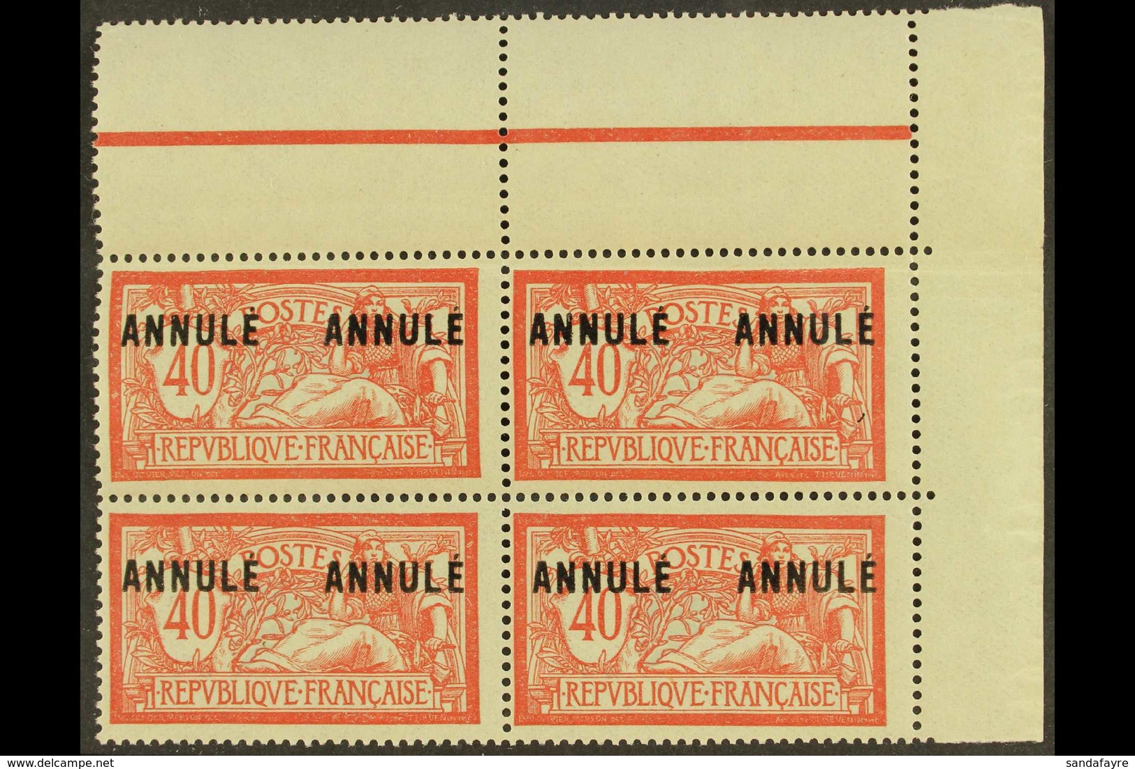 COURS D'INSTRUCTION 1923 40c Red & Blue Merson With "ANNULE" Overprint, Yvert 119-CI 2, Never Hinged Mint Corner BLOCK O - Autres & Non Classés