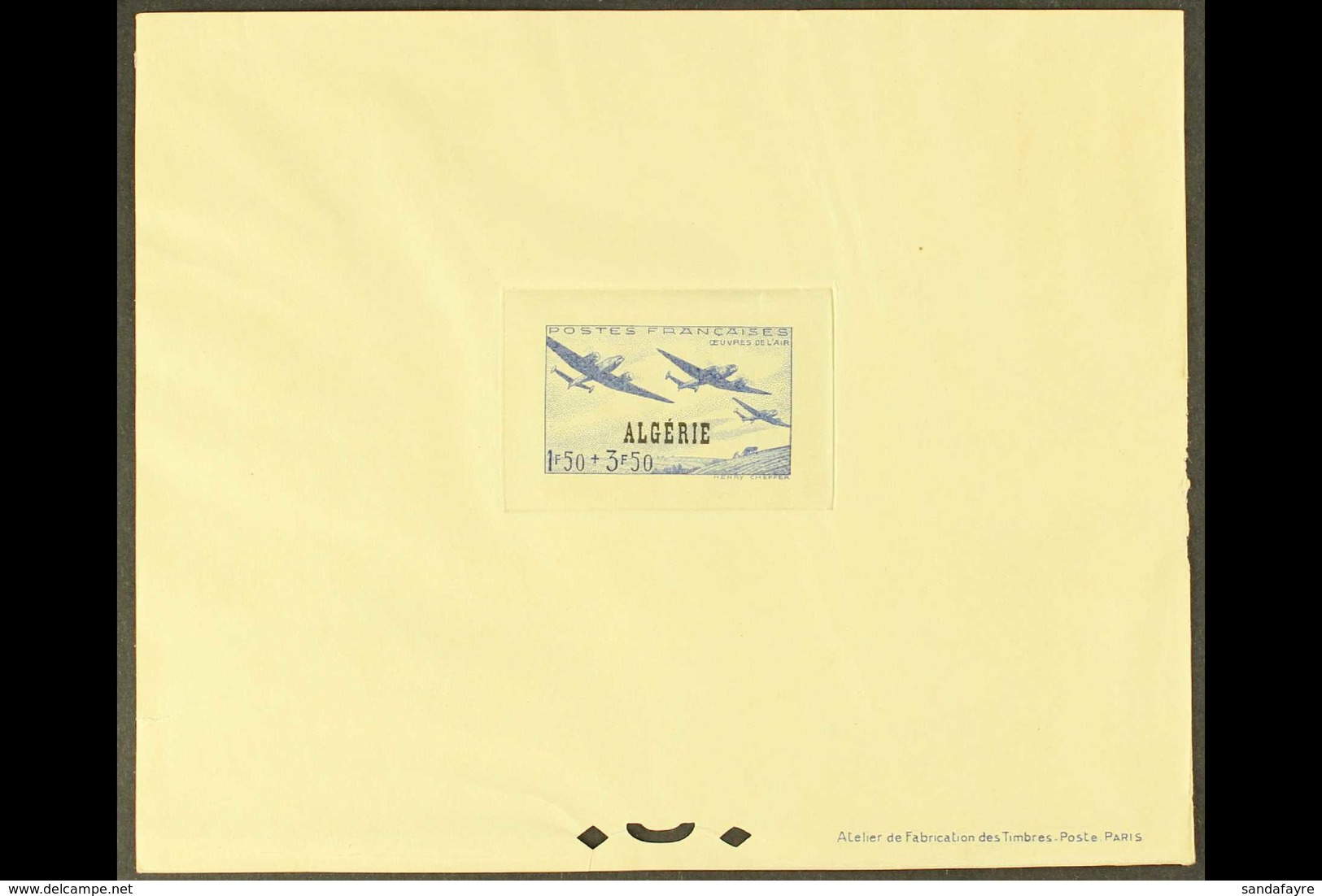 ALGERIA 1945 1.50f+3.50f Grey-blue Aircraft Airmen & Dependents' Fund (SG 249, Yvert 245) EPREUVE DE LUXE With "R F" Ove - Autres & Non Classés