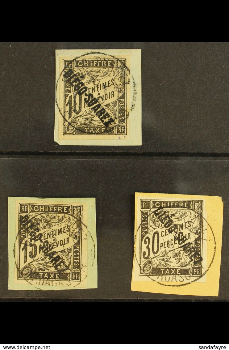 DIEGO-SUAREZ POSTAGE DUES 1892 10c, 15c And 30c Black (Yvert & Maury 8, 9 & 11), Each Tied On Small Piece By Fine Cds. ( - Autres & Non Classés