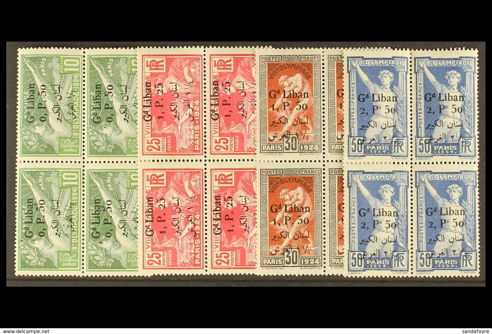 LEBANON 1924-5 Olympic Games Surcharges Set In BLOCKS OF FOUR, Yvert 45/8, SG 49/52, Fine Mint, Lower Pair Never Hinged  - Sonstige & Ohne Zuordnung