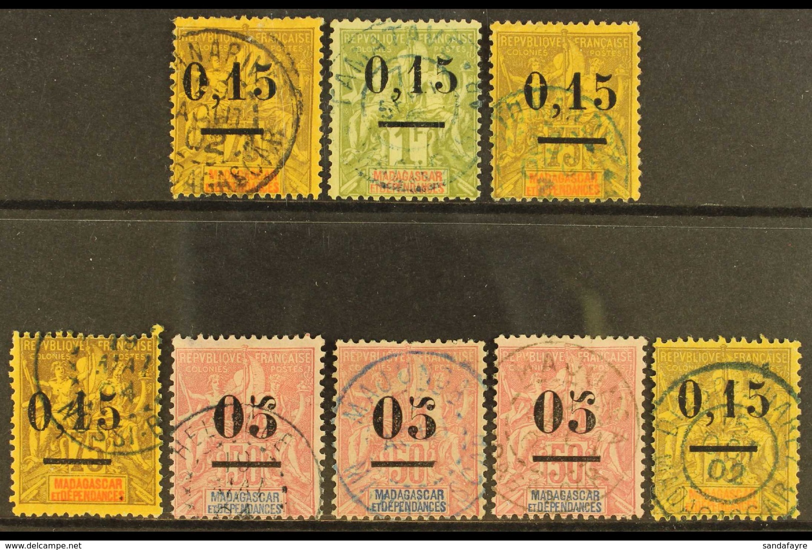 MADAGASCAR POSTMARKS ON 1902 SURCHARGES - Small Range Used At Various Locations, We See Tananarive, Tamatave, Vatomandry - Autres & Non Classés