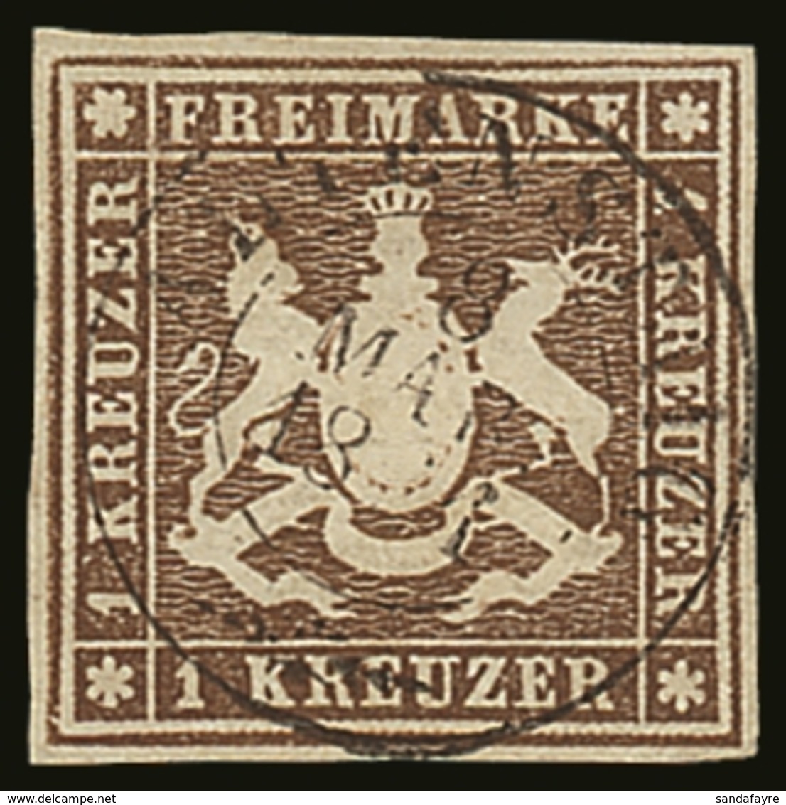 WURTTEMBERG 1859 1kr Deep Brown Imperf, Without Thread, Mi 11b, Superb Cds Used With Full Central Cancel. Cat €900 (£760 - Sonstige & Ohne Zuordnung