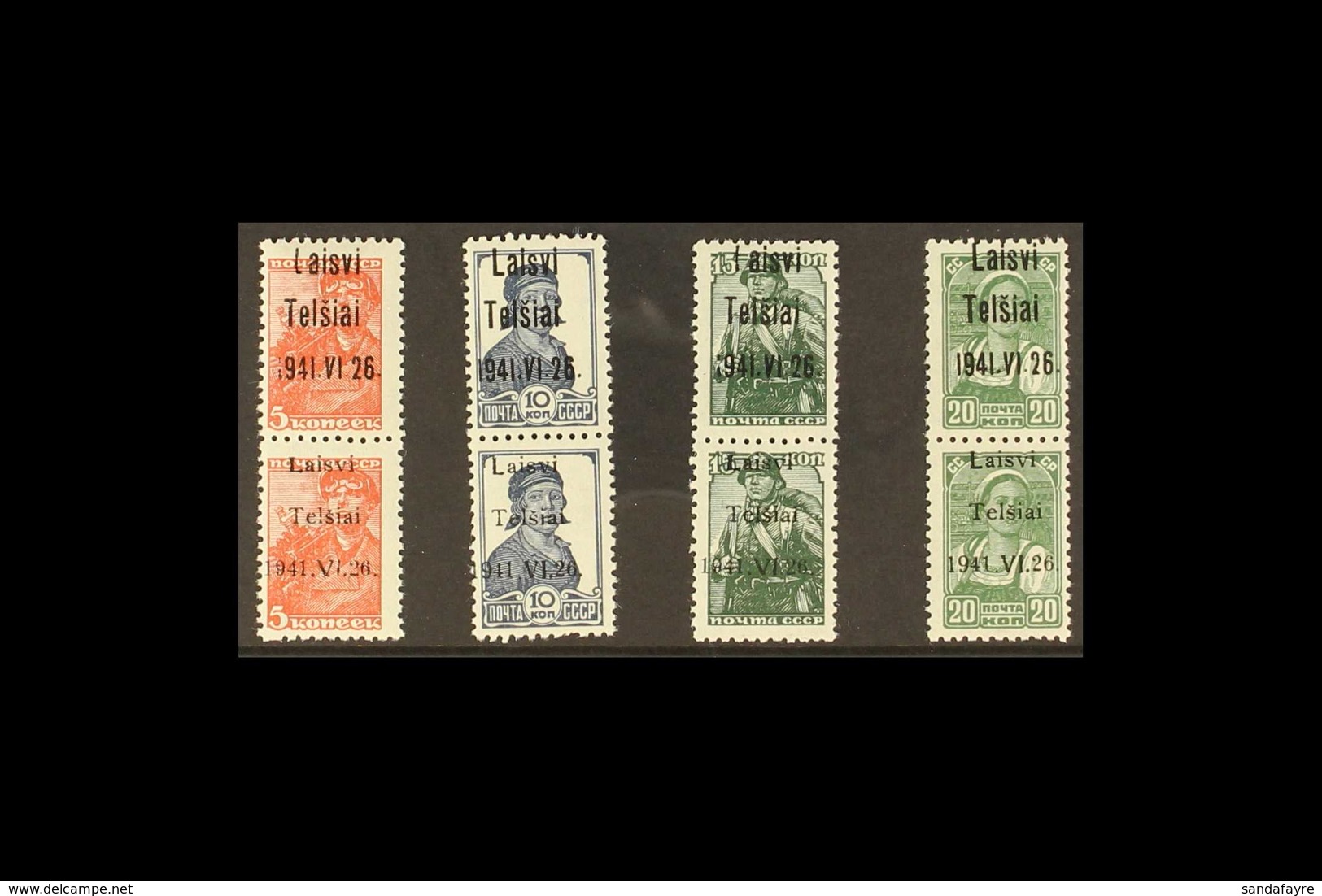 LITHUANIA 1941 Telschen Overprints Types I & III In Vertical Pairs On 5k, 10k, 15k And 20k, Mi 1/4I & III, Very Fine NHM - Sonstige & Ohne Zuordnung