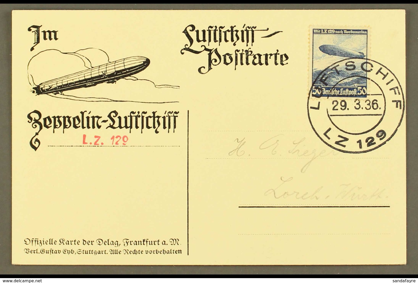 1936 29.3.36 Ppc Flight Card From Zeppelin LZ 129 Franked 50pf LZ129 Adhesive Tied By Luftschiff LZ 129 Cds. For More Im - Autres & Non Classés
