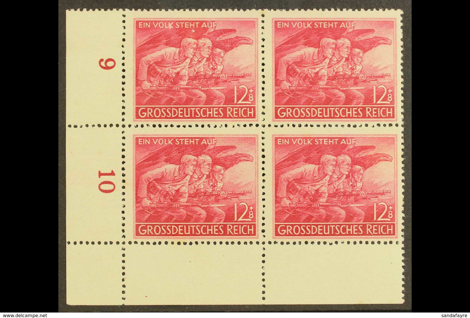 1945 12+8 (Pf) Home Guard With "Spot By K" Plate Flaw, Michel 908 II, In A Never Hinged Mint Lower Left Corner Block Of  - Sonstige & Ohne Zuordnung