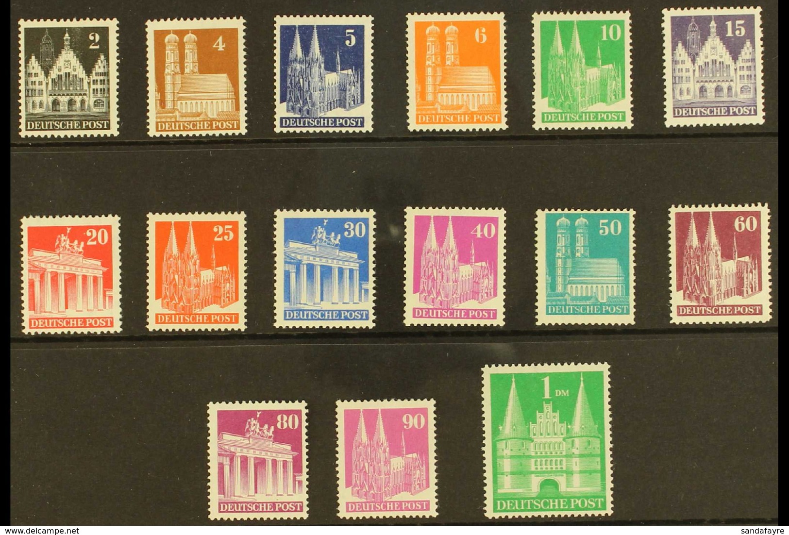 BRITISH & AMERICAN ZONES 1948-50 Buildings Perf 14 Complete Set (Michel 73eg/97eg, SG A108a/A132ba), Never Hinged Mint,  - Sonstige & Ohne Zuordnung