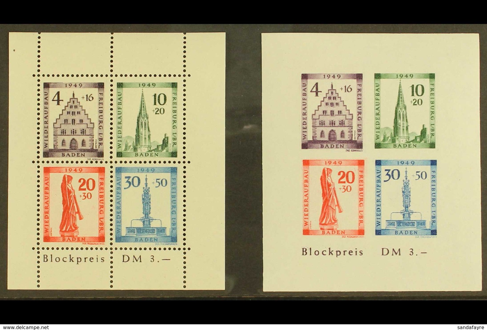 FRENCH ZONE BADEN 1949 Freiburg Rebuilding Fund Both Mini-sheets (Michel Blocks 1 A+B, SG MSFB41a/b), Never Hinged Mint, - Sonstige & Ohne Zuordnung