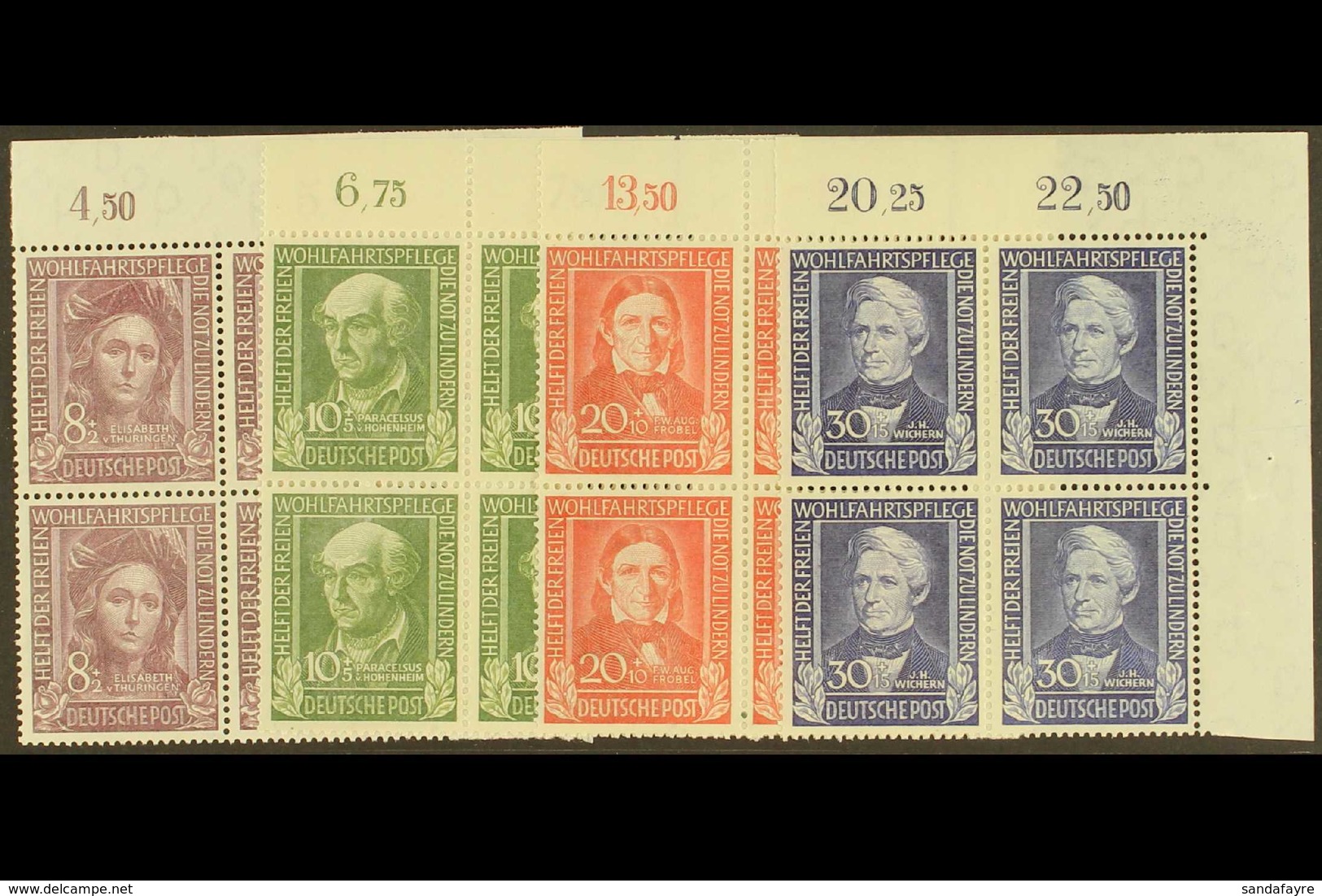 1949 Refugees' Relief Fund Complete Set (Michel 117/20, SG 1039/42), Superb Never Hinged Mint Upper Right Corner BLOCKS  - Sonstige & Ohne Zuordnung
