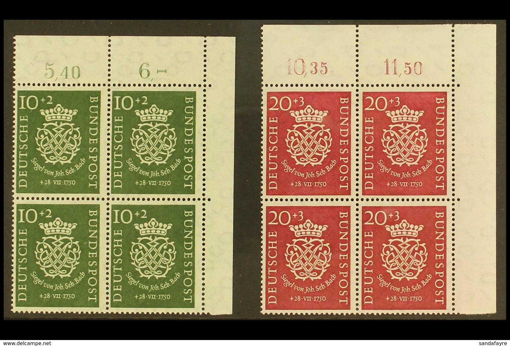 1950 Bach Complete Set (Michel 121/22, SG 1043/44), Superb Never Hinged Mint Top Right Corner BLOCKS Of 4, Very Fresh. ( - Sonstige & Ohne Zuordnung