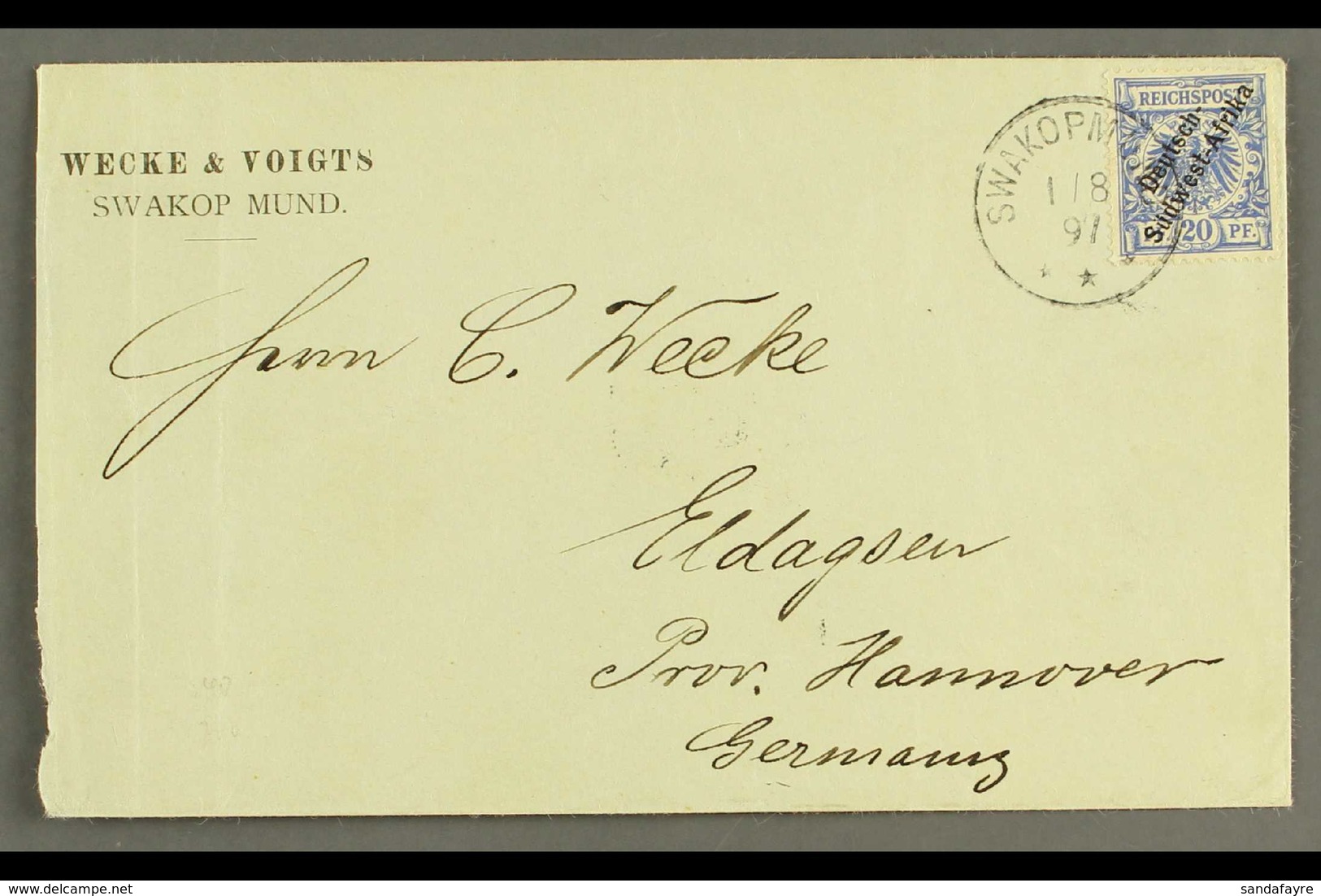 SOUTH WEST AFRICA 1897 (1 Aug) Neat Prtd Cover To Germany Bearing 20pf With Diagonal Opt (Michel 4) Tied By Fine "SWAKOP - Sonstige & Ohne Zuordnung