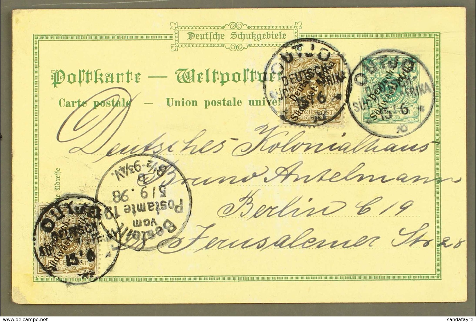 SOUTH WEST AFRICA 1898 (15 Jun) Uprated Privately Printed 5pf PPC To Berlin With Two Additional 3pf Diagonal Opt Stamps, - Sonstige & Ohne Zuordnung