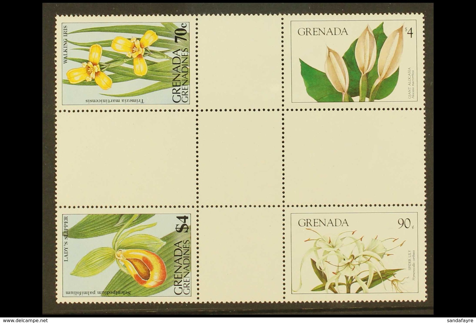 1984 90c (Spider Lily) And $4 (Giant Alocosa), Flowers, SG 1331/1332, These In A Cross Gutter Block In Combination With  - Grenada (...-1974)