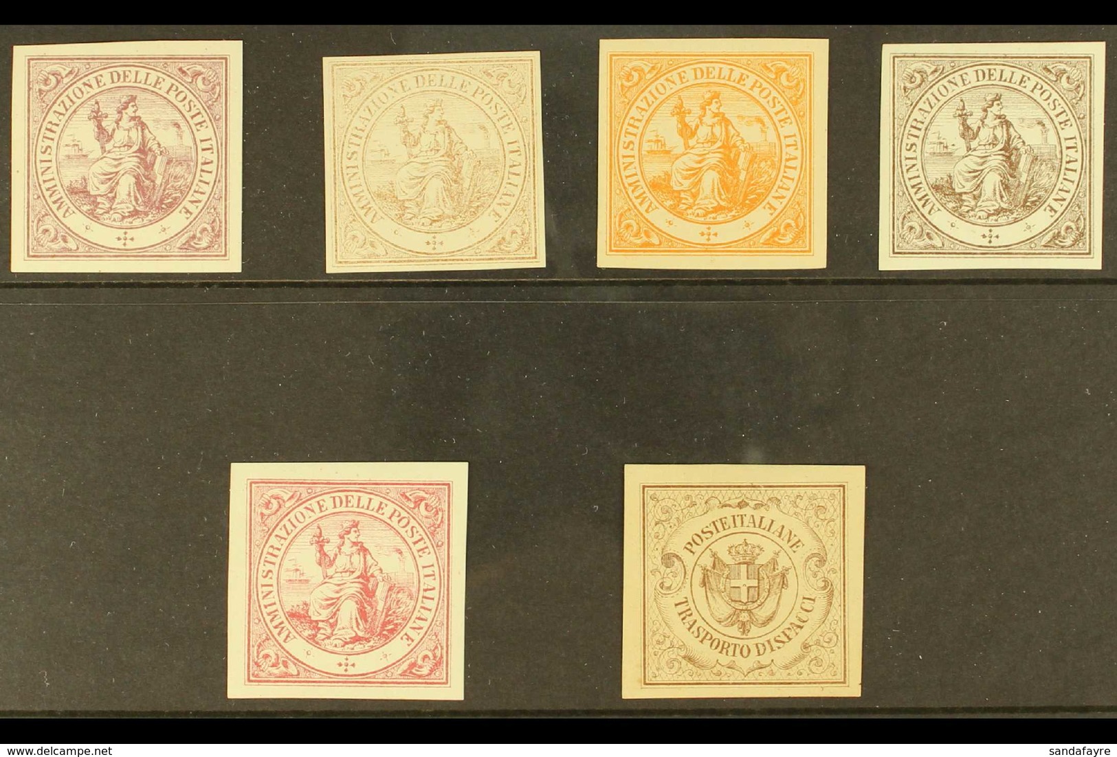 1864 ITALIAN POSTAL ADMINISTRATION ESSAYS 5 Allegorical Designs In Different Colours For "Official Seals" (Sorani Cert)  - Non Classés