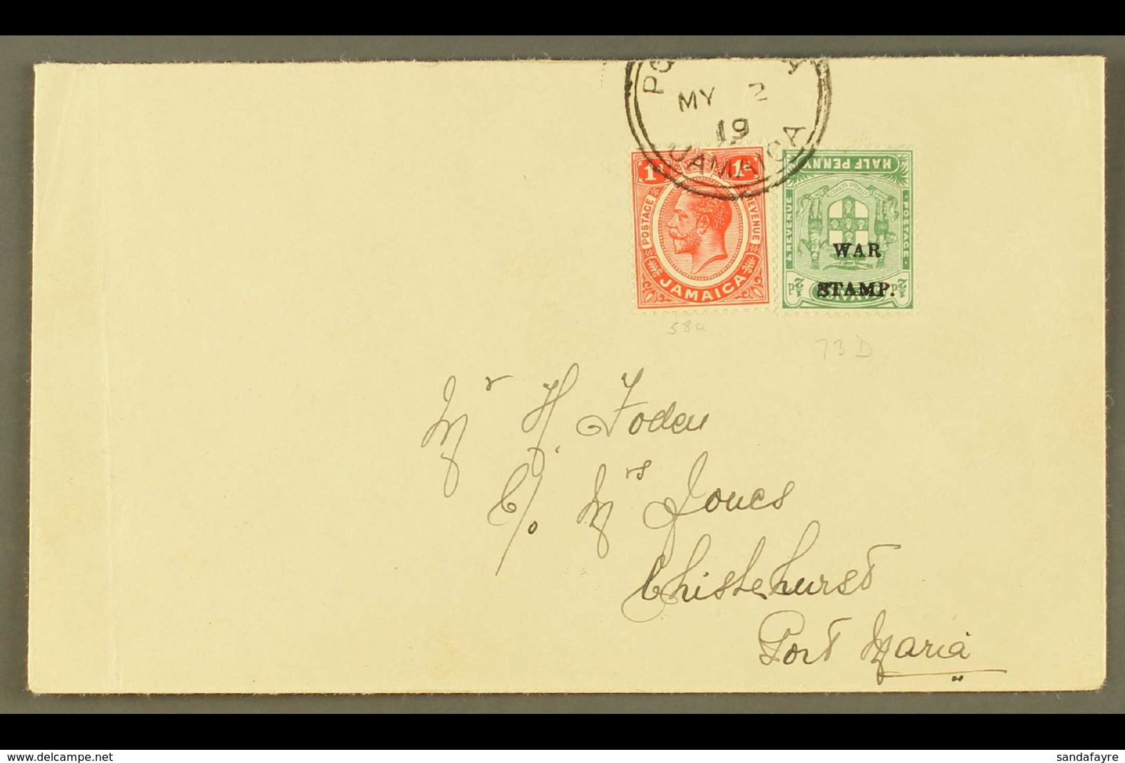 1919 Local Envelope Franked Geo V 1d Scarlet Plus ½d Green War Stamp, Variety "inverted Wmk", SG 73d, Very Fine Tied To  - Jamaïque (...-1961)