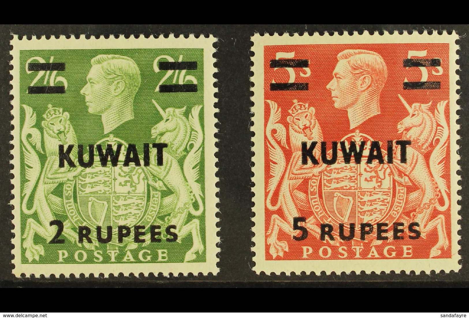 1948-49 2r On 2s6d Yellow-green & 5r On 5s Red Overprints, SG 72/73, Very Fine Mint, Both Showing 'T' GUIDE MARK Varieti - Kuwait