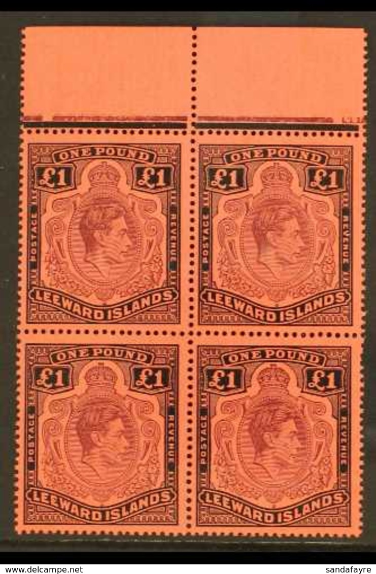 1938-51 £1 Brown Purple & Black/salmon, SG 114b, Never Hinged Mint Marginal Block Of 4. Lovely! (4 Stamps) For More Imag - Leeward  Islands