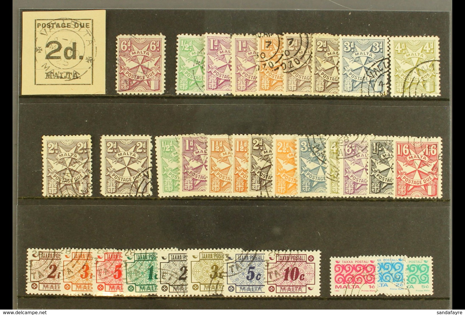 POSTAGE DUES 1925-93 USED COLLECTION Presented On A Stock Card. Includes 1925 Imperf 2d & Perf 6d, 1953-63 Set With List - Malta (...-1964)