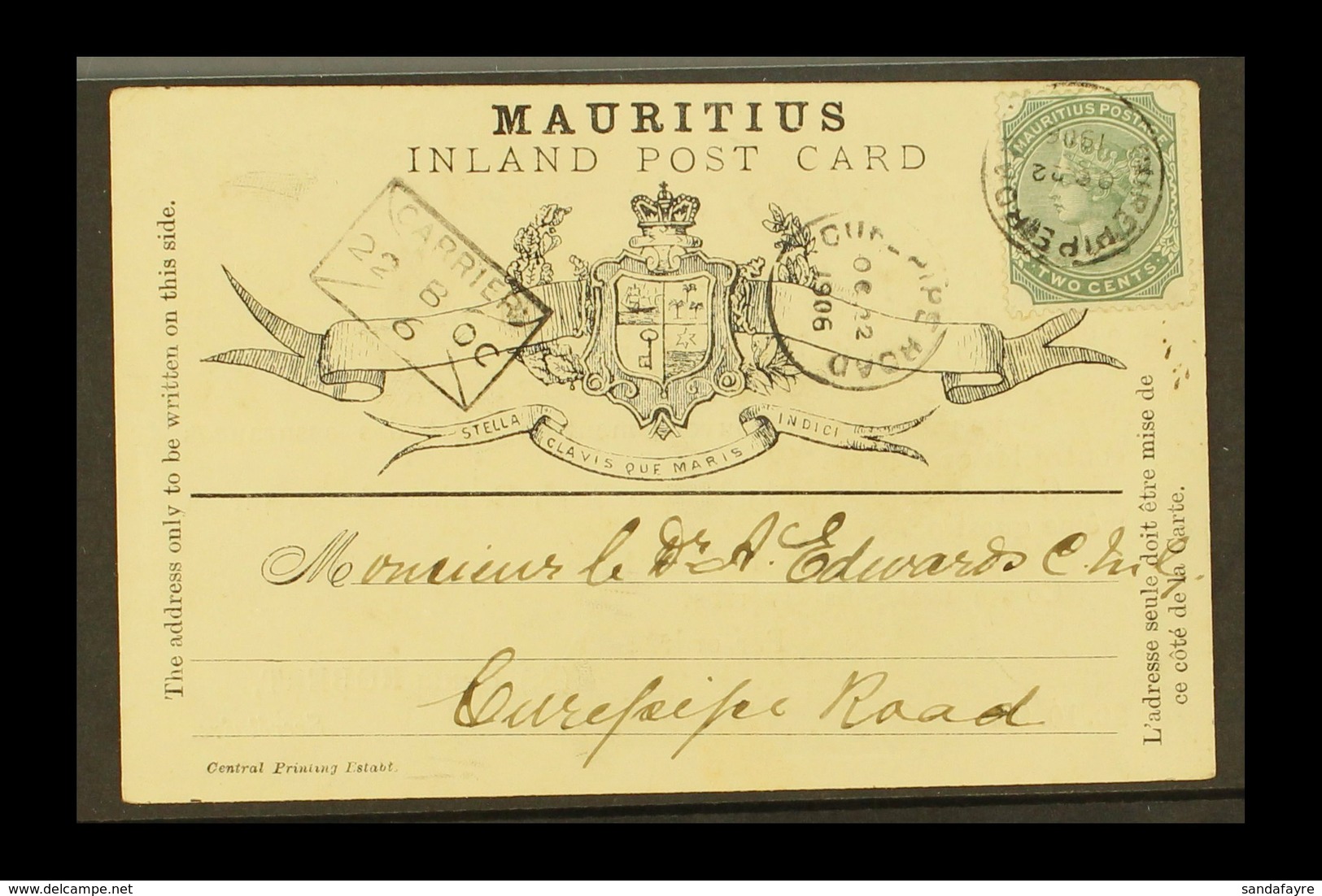 1906 (22 Oct) Formular Card With QV 2c Green Adhesive Tied By Curepipe Road Cds; Alongside "envelope" Carrier Cachet And - Maurice (...-1967)