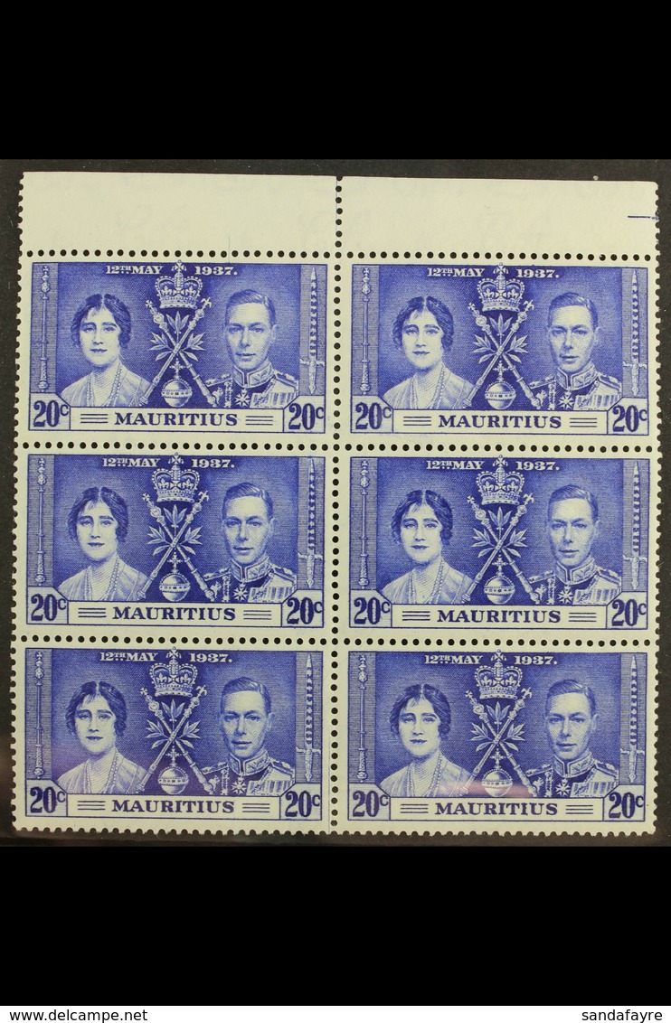 1937 CORONATION VARIETY 20c Bright Blue "LINE THROUGH SWORD" Variety, SG 251/251a In A Marginal Never Hinged Mint Block  - Mauritius (...-1967)