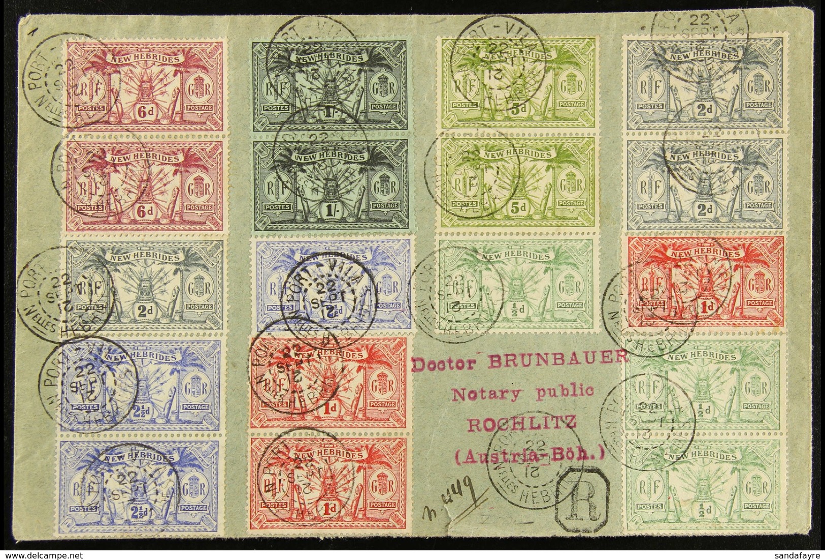 ENGLISH 1921 (22 Sep) Spectacular Registered Cover To Austria Bearing Eighteen (18) 1911 Values To 1s, With ½d X3, 1d X3 - Autres & Non Classés