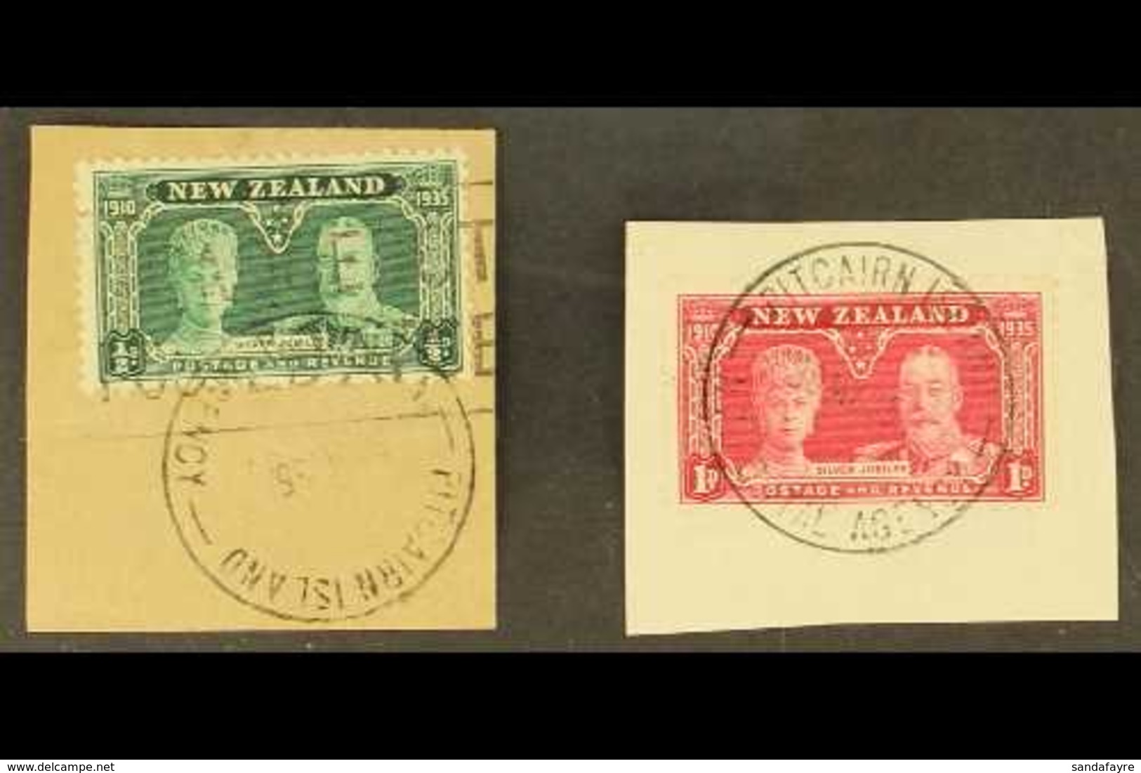 1935 New Zealand ½d Green And 1d Carmine Silver Jubilee, Each On Piece Tied By Fine Full "PITCAIRN ISLAND / N.Z. POSTAL  - Pitcairn