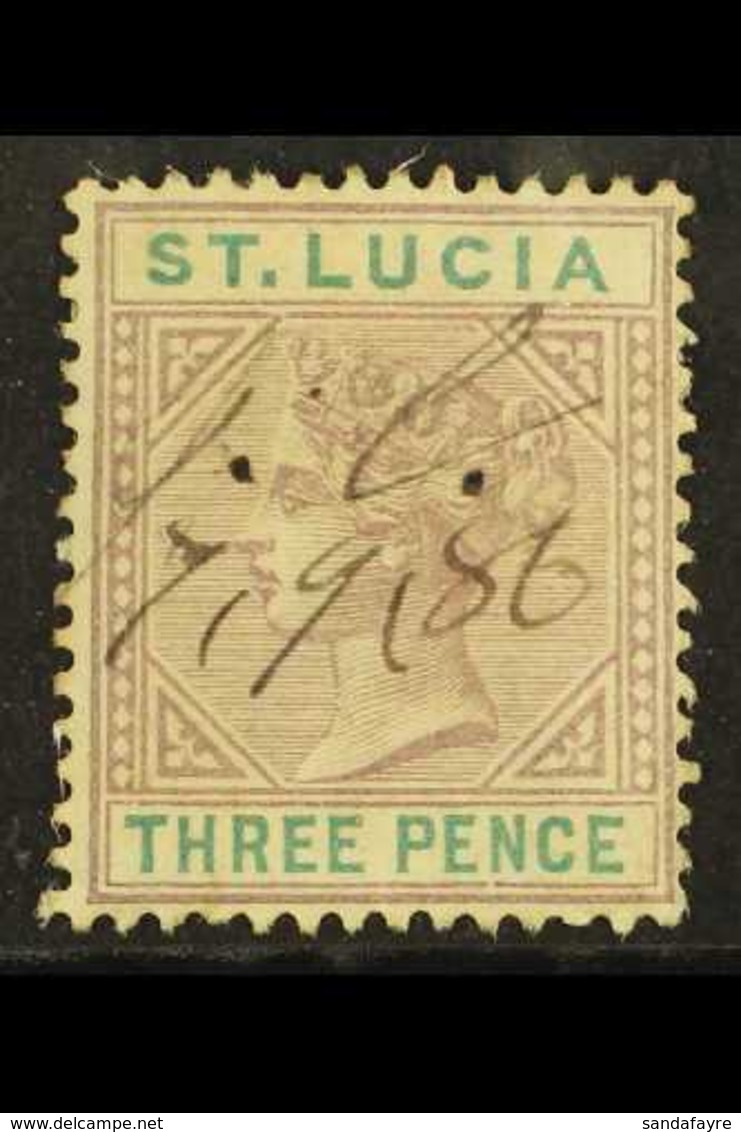 1886-87 3d Dull Mauve & Green - "Detached Triangle" Variety, SG 40a, Lightly Tropicalized With Manuscript Cancel For Mor - St.Lucia (...-1978)