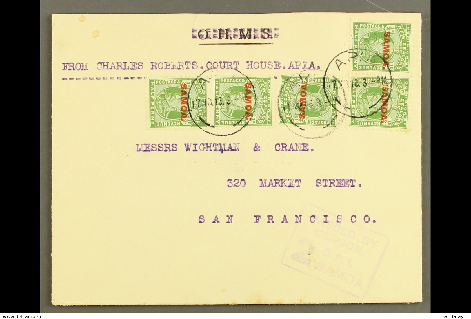 1916 Official Cover With "O.H.M.S." Obliterated To USA, Franked ½d X5, SG 115, Apia 17.11.16 Postmarks, Censor "2" Cache - Samoa (Staat)