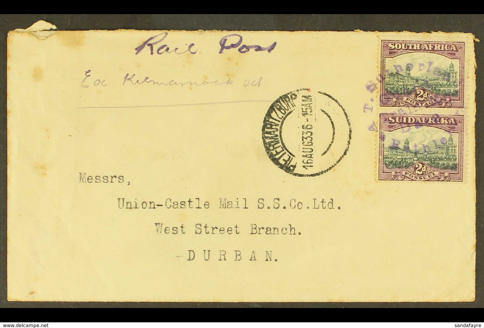 1933 "RAIL POST" COVER 1933 (16 Aug) Cover To Durban, Endorsed "Rail Post", Bearing 2d Vertical Pair Tied By "A.T.Suther - Non Classificati
