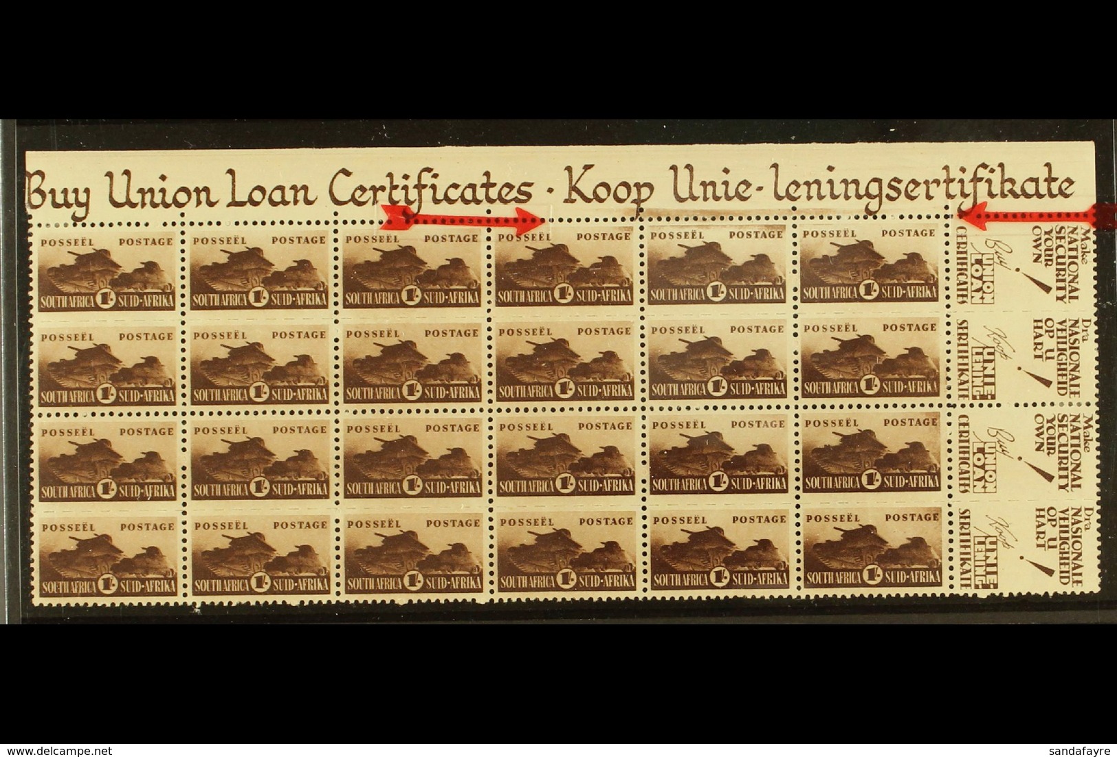 1942-44 1s Brown War Effort (reduced Size), SG 104, A Top Right Hand Marginal Corner Block Of 12 Units From Issue 1 Show - Unclassified
