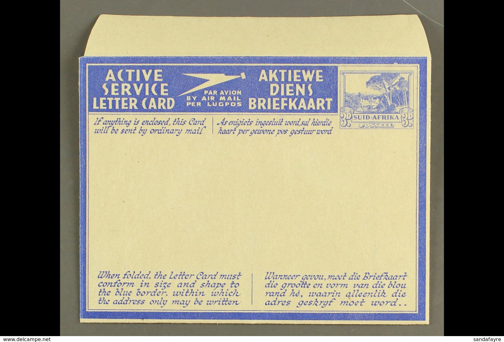 AEROGRAMME 1941 3d Ultramarine On Pale Buff With Blue Overlay, Afrikaans Stamp Impression With Tops Of Trees Touching Fr - Ohne Zuordnung