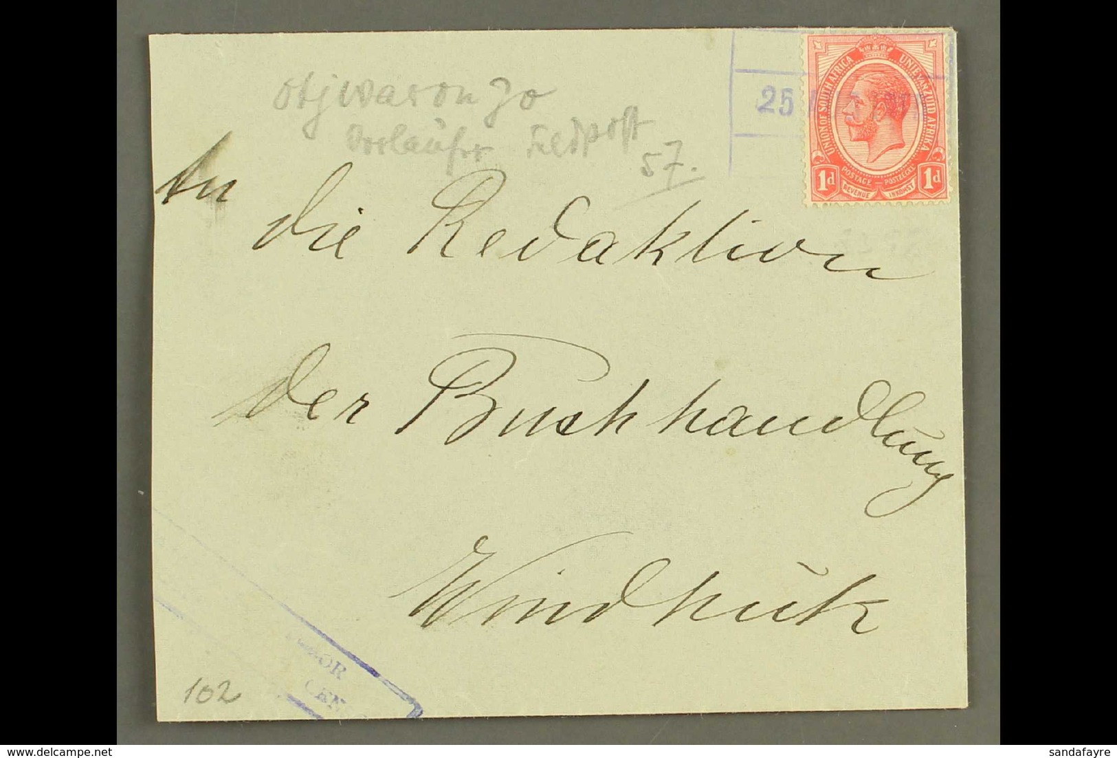 1915 (25 Aug) Env To Winduk Bearing 1d Union Stamp Tied By Fair Violet Boxed FPO Canceller (No. 57) Of Otjiwarongo, Putz - Africa Del Sud-Ovest (1923-1990)